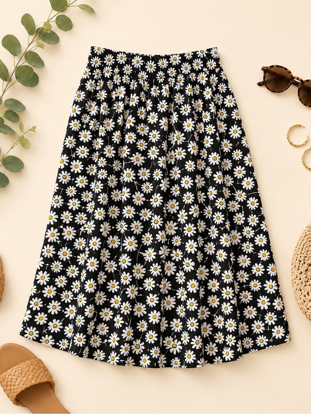 SHEIN Black Daisy Print Midi Skirt Elastic Waist A-Line Floral Size Medium